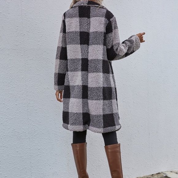 buffalo plaid black grey teddy trench coat jacket - Picture 6 of 7
